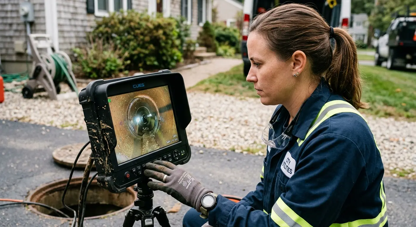 Technician reviewing sewer camera inspection footage in Atascadero