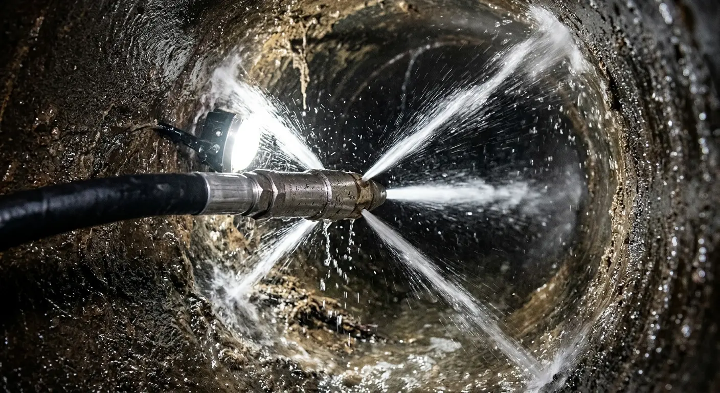 High-pressure hydro jetting nozzle cleaning sewer pipe for Sewer Cleanout in Atascadero