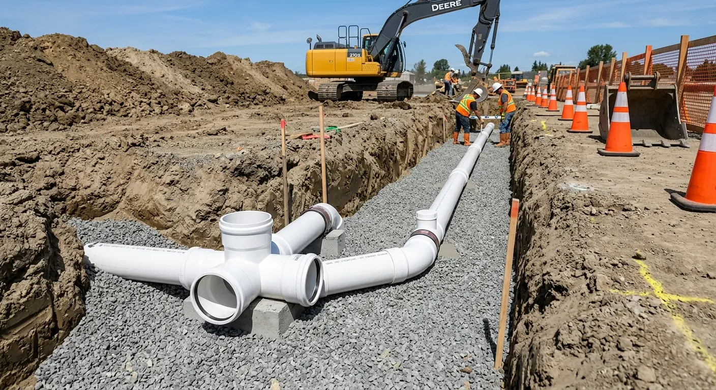 New PVC sewer pipe installation in open trench for Sewer Backup in Atascadero