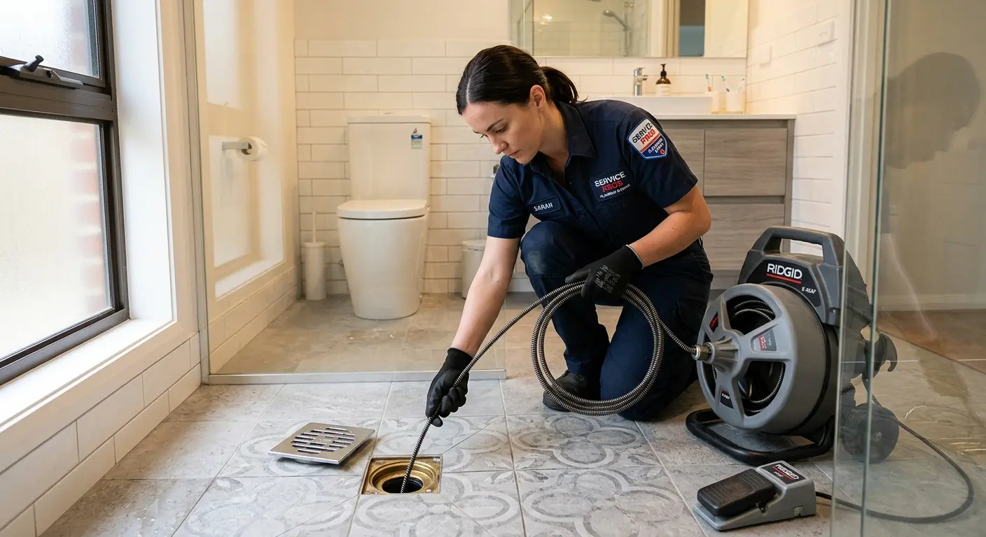 Technician clearing a bathroom floor drain for Drain Cleaning in Atascadero